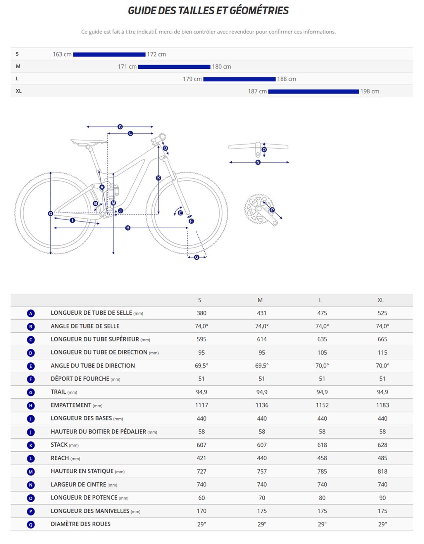 Guide de taille du velo XTC SLR 29 1 année 2022